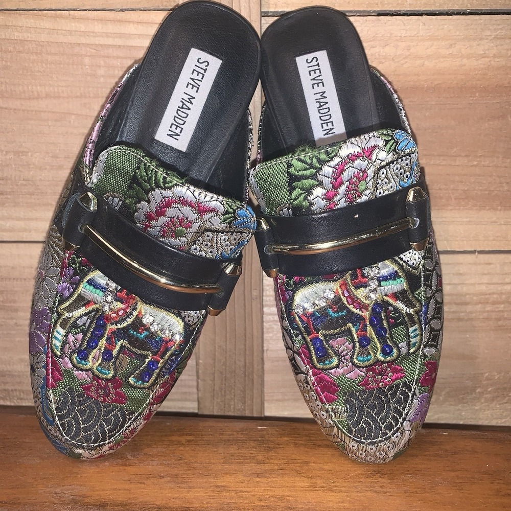 Steve Madden Womens Kera Embroidered Bejeweled Mules Shoes Elephant Sz 5.5M